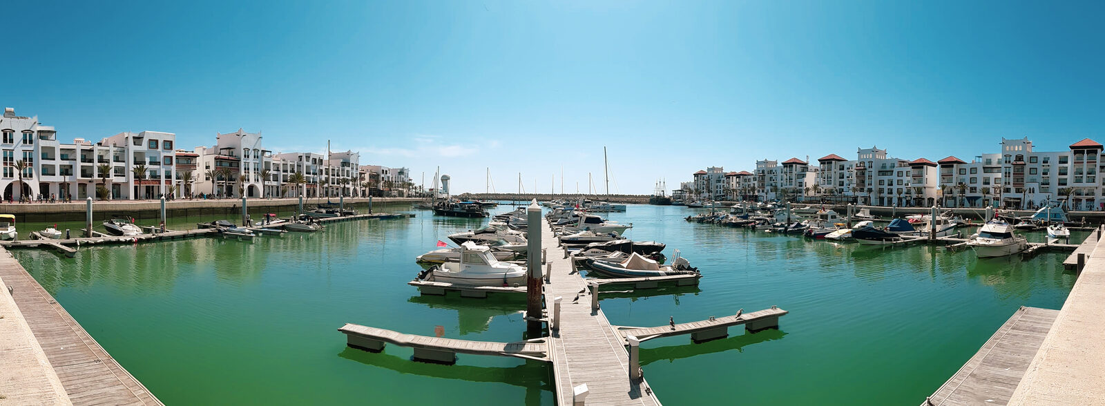 Panorama of Agadir Marina and the bay at sunset