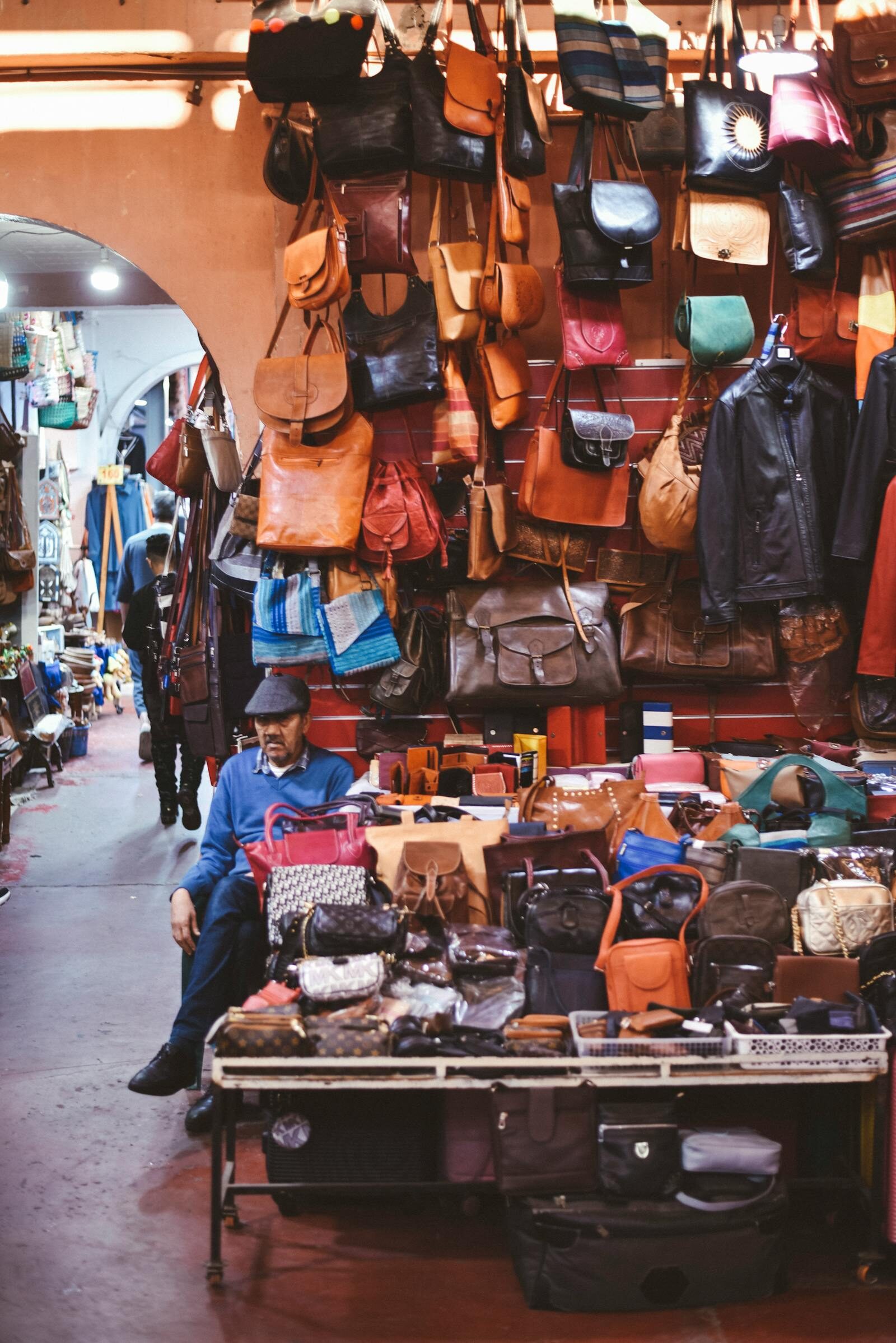 Leather goods stall in the Agadir souk, Morocco