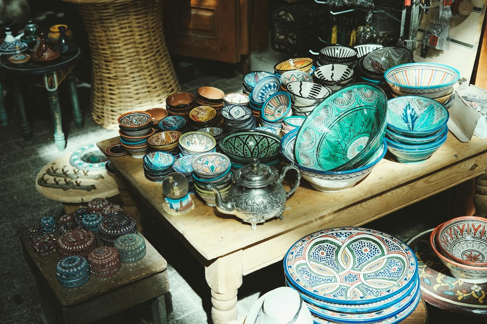 Moroccan ceramics and pottery on display at Médina Polizzi in Agadir