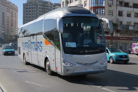 A Supratours intercity coach — the standard long-distance bus between Marrakech and Agadir