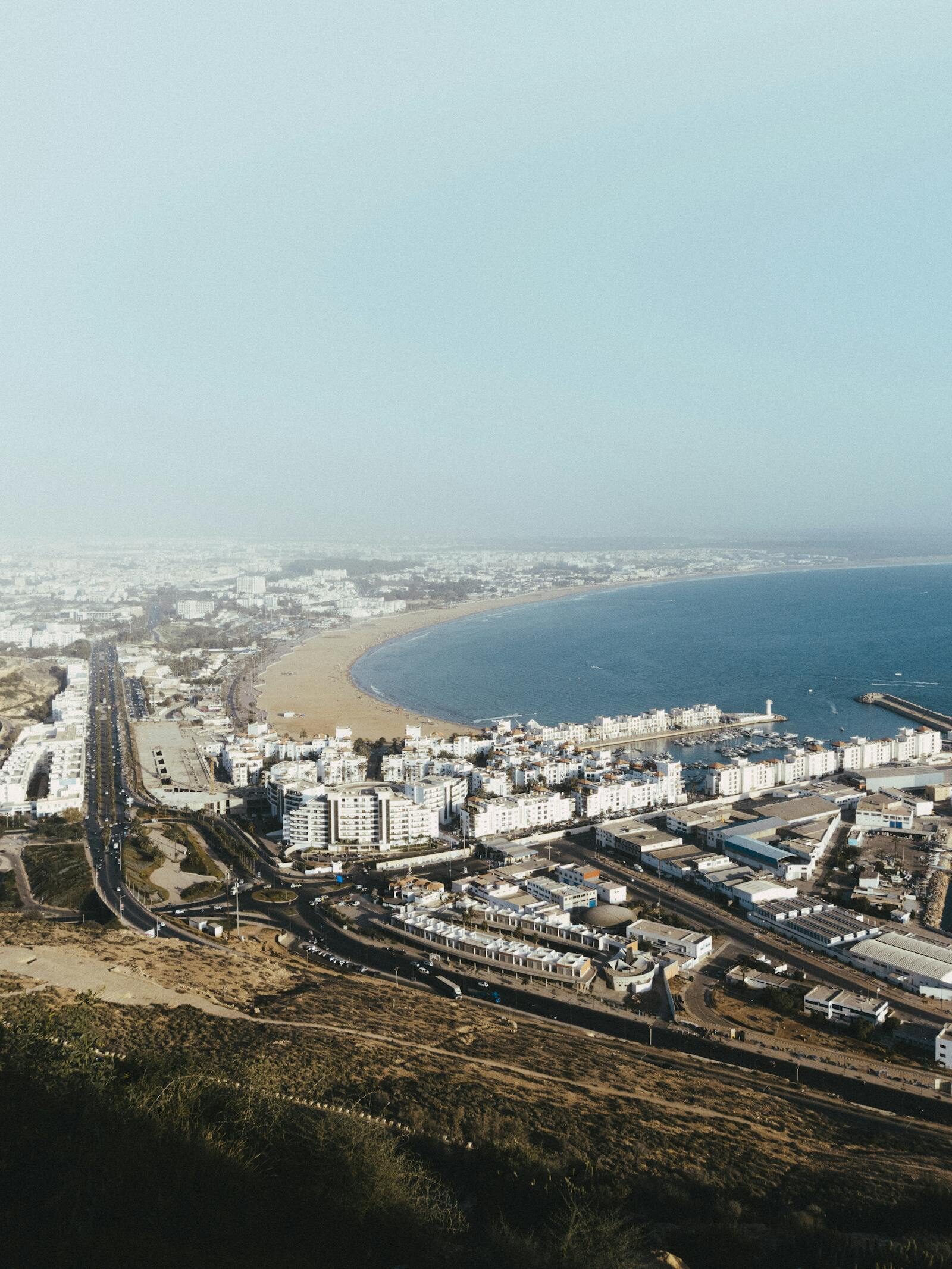 Aerial view of Agadir bay and beach the petit train circles